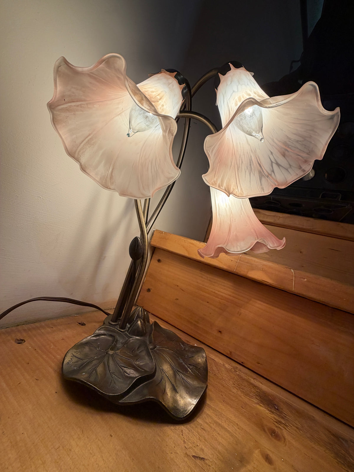 Lilypad lamp with patina and pink glass shades